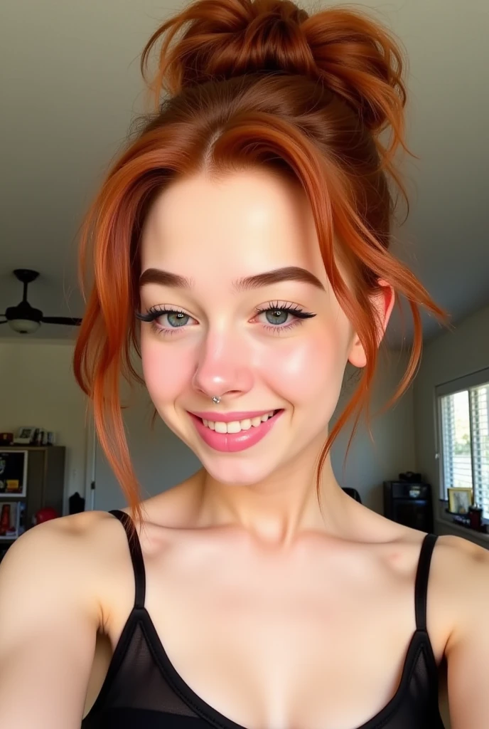 The image is a selfie-style photograph of a girl with light skin and curly, auburn hair styled in a loose updo. She has a friendly, slightly mischievous smile on her face. Her eyes are closed, and she has a snapchat filter applied, adding a playful, whimsical touch to the image. She is wearing a black spaghetti-strap top, revealing her shoulders and hinting at a casual, relaxed atmosphere.