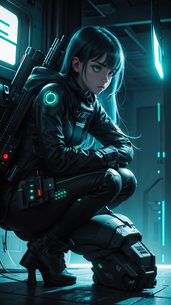 (grainy:0.5), cinematic,girl, space, serious, detailed eyes, detailed face, detailed futuristic clothes, lights in clothes, (aiming gun:1.1), (hiding:1.1), (squatting, looking to side:1.1), volumetric lighting, isolation, horror, dark lighting, red bioluminescent details, green bioluminescent details, blue bioluminescent details