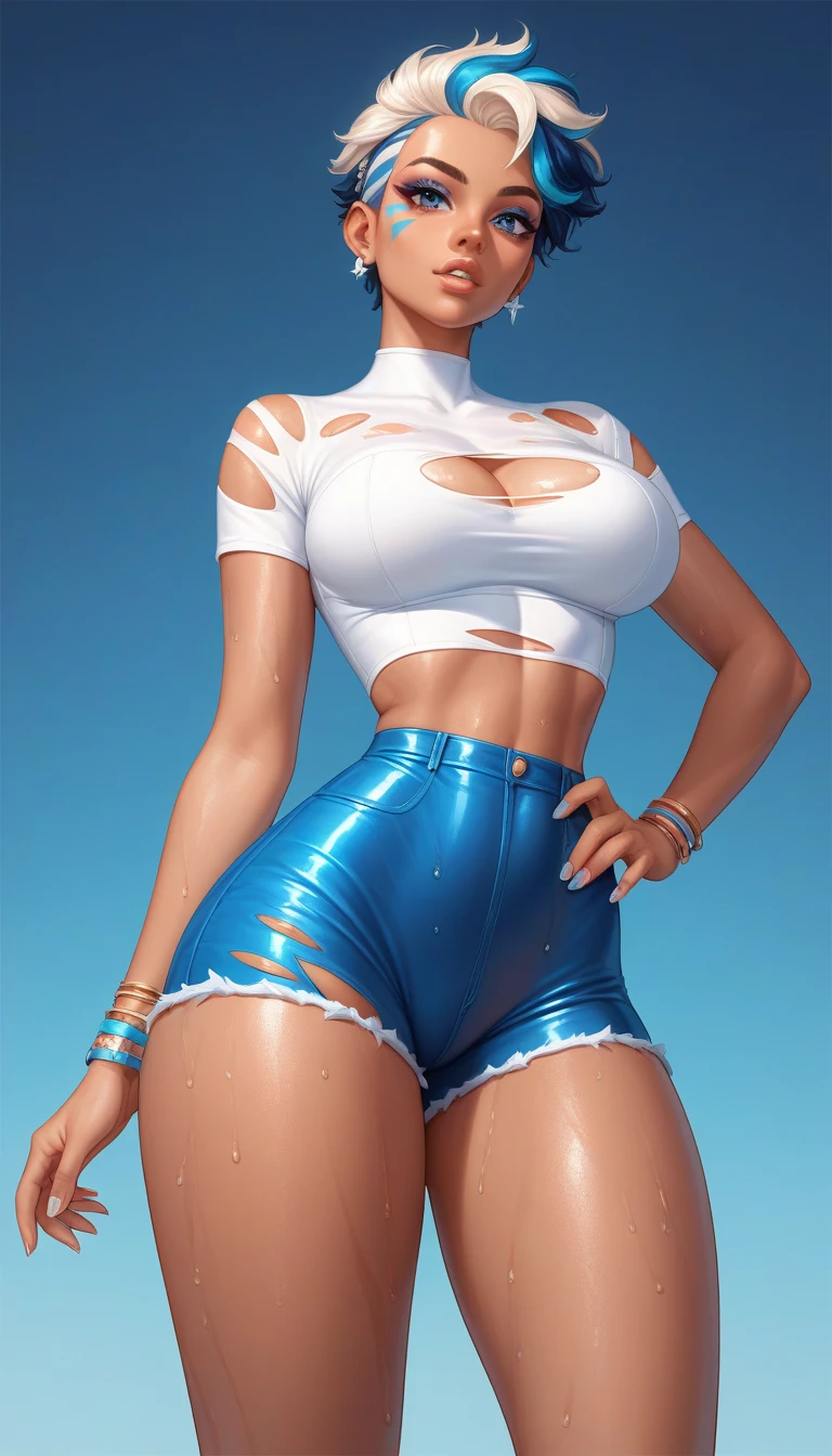 Latina americana,  huge and soft butt tight under the ripped shorts ,  huge and soft breasts super tight under the white and transparent and torn shirt, thin waist,  thick and soft thighs tight under the ripped shorts ,  lightly tanned , Indigo blue eyes,  almost white blond hair , Gala makeup ,  full and wet lips 