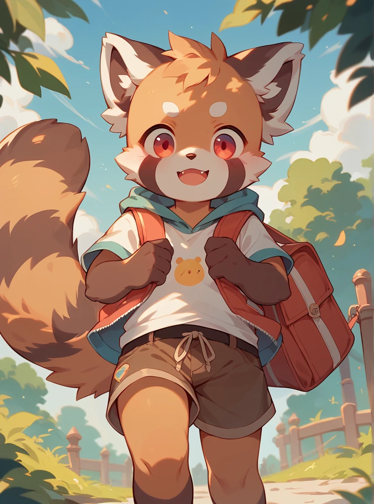 Red Panda,
furry,
cute,
youth,
Brown shorts,
(( Highly Detailed Red Eyes)),
front,
Front view, High Res, masterpiece,  best quality,  high detail ,  Very detailed,
