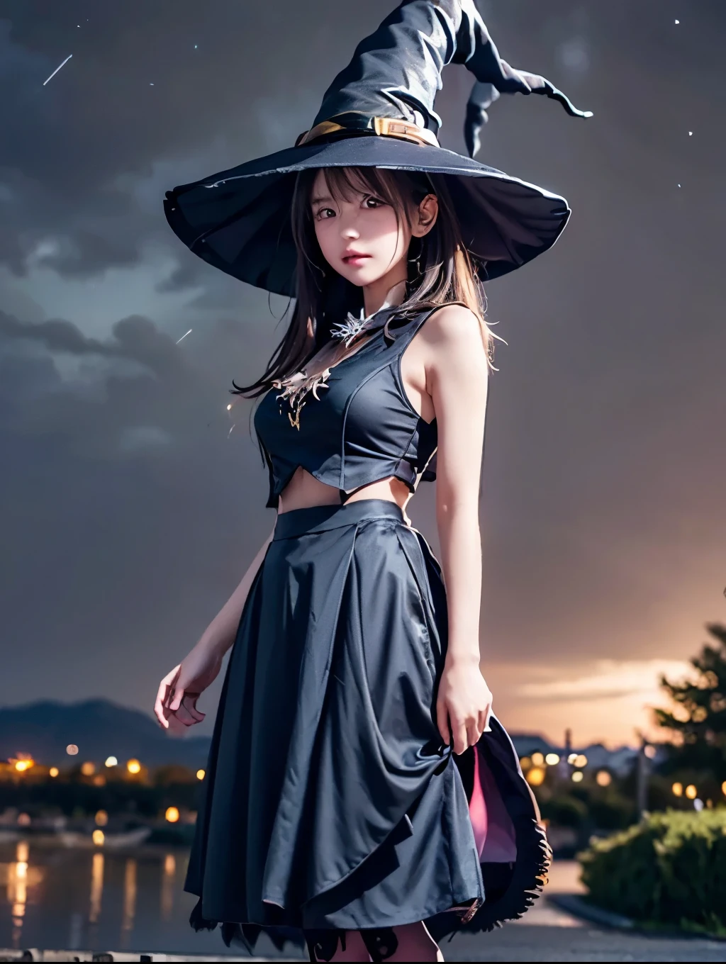 (yuichan:1.3), (style-swirlmagic:0.8), full body, look up, Alone,  upper body, Detailed Background, (witch hat:1.5), witch, Magical atmosphere, Hair blowing in the wind,  dark colored clothing with yellow edging ,long skirt,  Floating in the night sky, dynamic pose ,  colorful lightning swirling in the air , Swirling Portal, Black Magic,  Suspended particles, cloudy background ,  Backlight, 