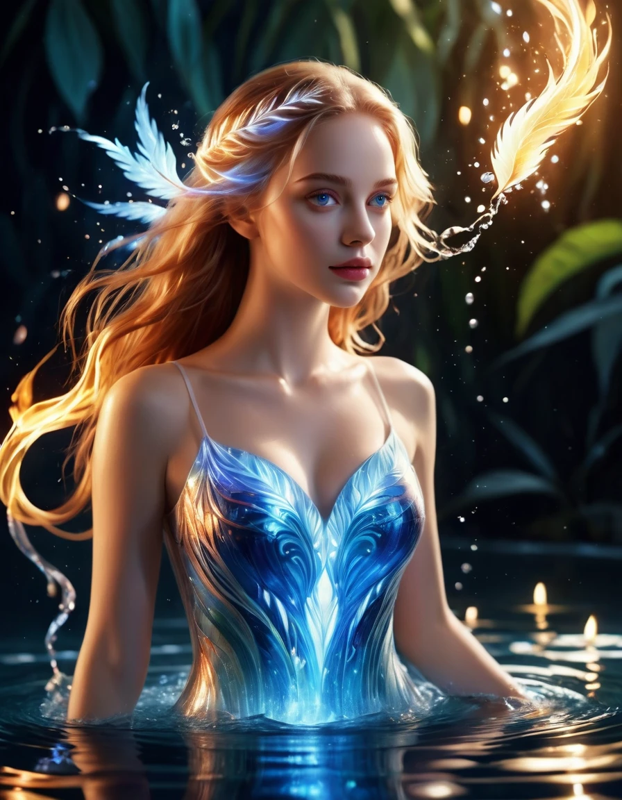 ( Masterpieces ,  measurements, best quality,  official art,  Beauty and Splendor:1.2), Phoenix, a beautiful white girl with water magic all around her,  Realistic illustration ,  glow , 