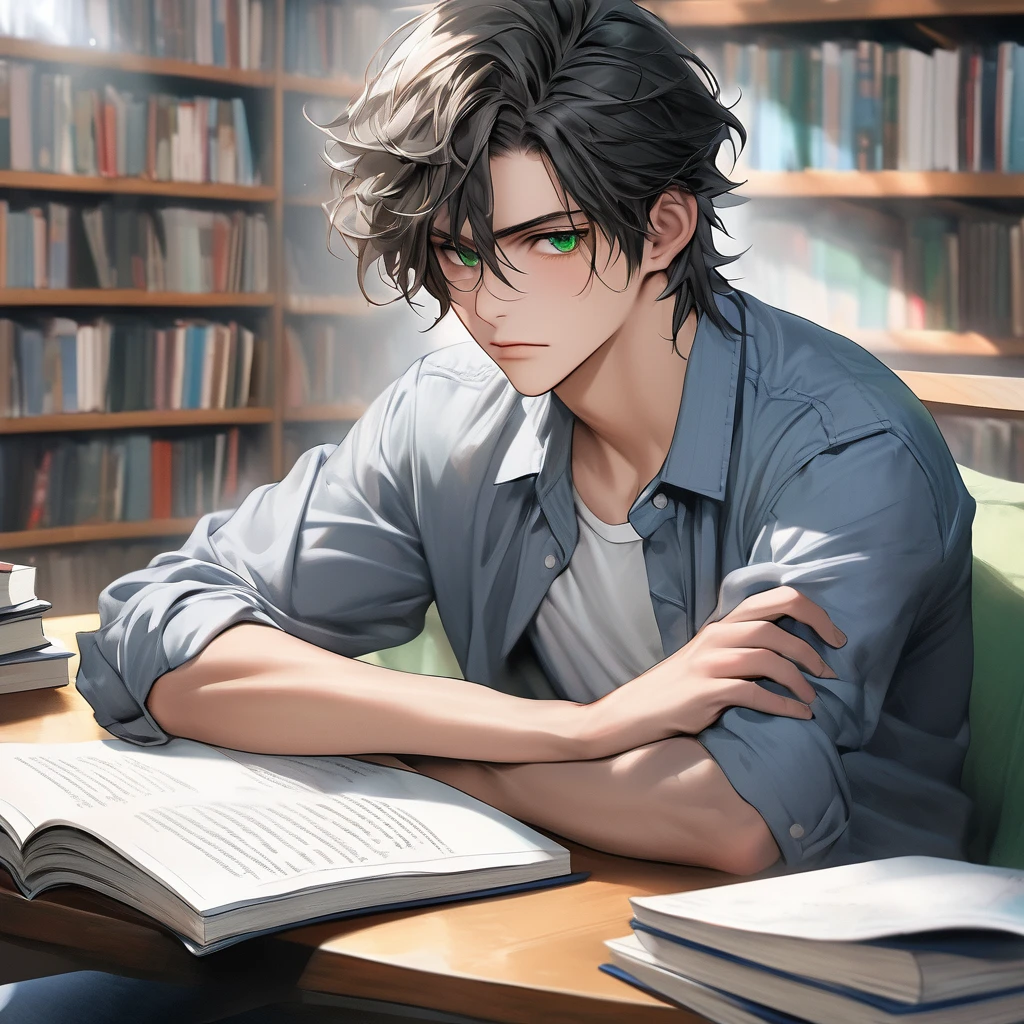 A close-up, full-body shot of the 19-year-old young man sitting alone at a table in the campus library. He's dressed casually but neatly - dark jeans paired with a light blue button-down shirt left untucked over it. His once messy black hair is now styled into an effortlessly tousled look that suits him well, framing those striking green eyes focused intently on the textbook open before him. ((gruffly)), high contrast, hyper-realistic, photorealistic, 8k, best quality, masterpiece, Anatomically Correct, Super Detailed, High Resolution, dreamy effect, smokey, paint brush art style 