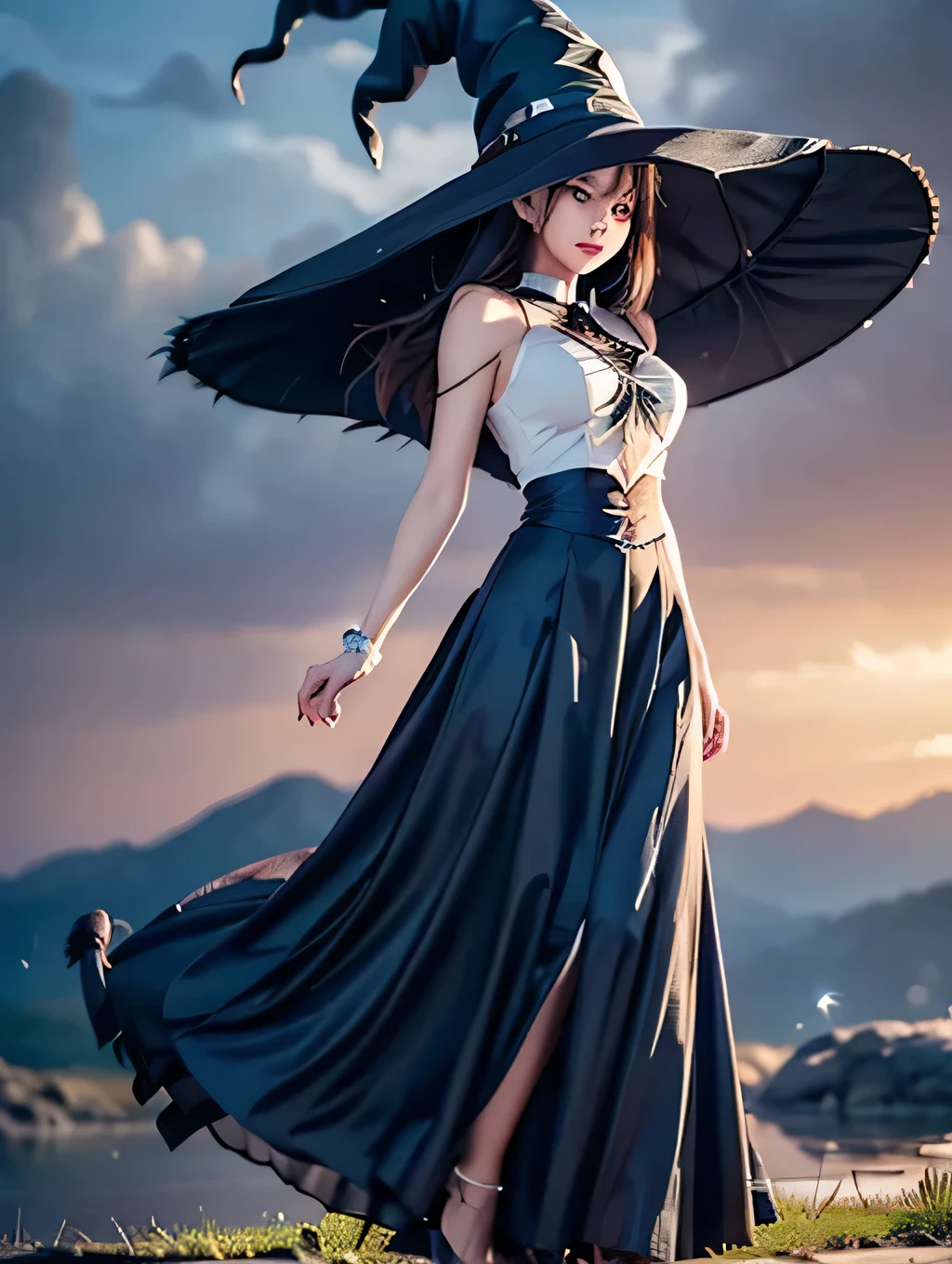 (yuichan:1.3), (style-swirlmagic:0.8), full body, look up, Alone,  upper body, Detailed Background, (witch hat:1.5), witch, Magical atmosphere, Hair blowing in the wind,  dark colored clothing with yellow edging ,long skirt,  Floating in the night sky, dynamic pose ,  colorful lightning swirling in the air , Swirling Portal, Black Magic,  Suspended particles, cloudy background ,  Backlight, (RAW Photos, Best Quality), (Realistic, photo-Realistic:1.4), masterpiece, Very delicate and beautiful, Very detailed, 2k wallpaper, wonderful, In detail, Very detailed CG unity 8k wallpaper, Super detailed, High resolution, Soft light, Beautiful detailed girl, Very detailed eyes and face, Beautifully detailed nose, Beautiful detailed eyes,Cinematic Lighting,Perfect Anatomy,Slender body,smile,extremely fine and beautiful colors, extremely beautiful and fain design,amazing sapraizz, dynamic production 