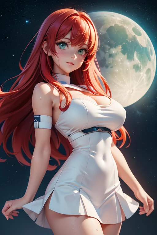 realisticlying：1.4），（tmasterpiece，Dim light on the side，Fine beautiful eyes：1.2），tmasterpiece*sportrait，photorealestic，3D脸，Stelle\（Horn Star Orbit\），1girll，White oversized T-shirt，Naked of breast，kosmos，orbiting，By bangs，Be red in the face，is shy，lewd eyes，Medium-hair long，looking at viewert，wheezing，mediuml breasts