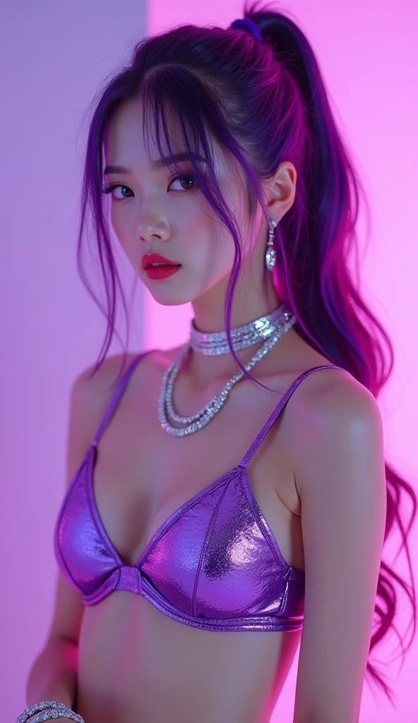 "(best quality,highres:1.2),ultra-detailed,realistic,portrait,vivid colors,studio lighting,beautiful detailed eyes,beautiful detailed lips,longeyelashes,1 ultra hot girl,adults movies actress , instagram sexy influencer , blue haze,futuristic,punk style,white tight mini half-open off shoulder dress, bright purple long hair"