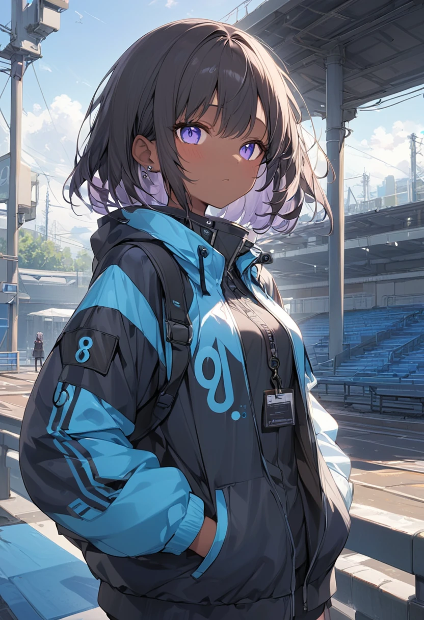 masterpiece, best quality, score_9, score_8_up, girl, petite, dark skin, jacket, outdoor,