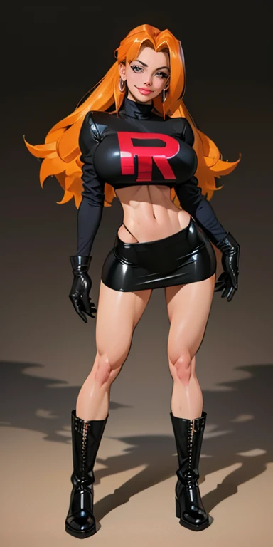 (best quality,4k,8k,highres,masterpiece:1.2),ultra-detailed),HDR,UHD,1girl, full body of beautiful jessie, (black turtleneck top), looking at viewer, volumetric lighting, best quality, masterpiece, realistic , (gigantic breasts), 1girl, face portrait of cassidy evil smile, team rocket,volumetric lighting, best quality, masterpiece, retro artstyle, ((cassidy)), (gigantic breasts), (orange hair), ((team rocket uniform)), short black skirt,midriff, ((long black boots)), pantyhose, navel, long hair, ((black opera gloves)), cowboy shot