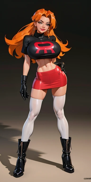 (best quality,4k,8k,highres,masterpiece:1.2),ultra-detailed),HDR,UHD,1girl, full body of beautiful jessie, (black turtleneck top), looking at viewer, volumetric lighting, best quality, masterpiece, realistic , (gigantic breasts), 1girl, face portrait of cassidy evil smile, team rocket,volumetric lighting, best quality, masterpiece, retro artstyle, ((cassidy)), (gigantic breasts), (orange hair), ((team rocket uniform)), short black skirt,midriff, ((long black boots)), pantyhose, navel, long hair, ((black opera gloves)), cowboy shot