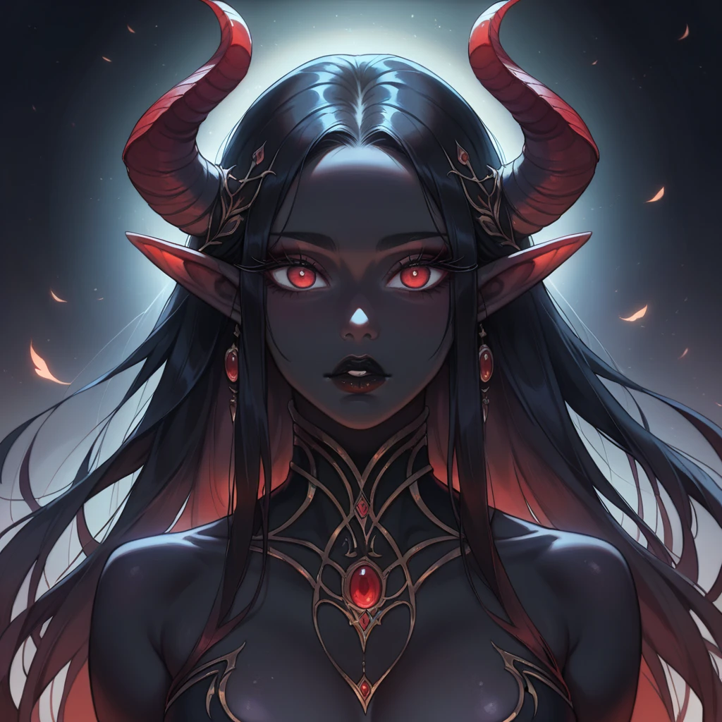 score_9, score_8_up, score_7_up, A beautifully detailed woman, succubus female, long black hair, elf ears, large eyes, red iris, long eyelashes, detailed facial features, black lipstick, (((Black skin))), demon horns, (((Dark backgrounds))), breasts
