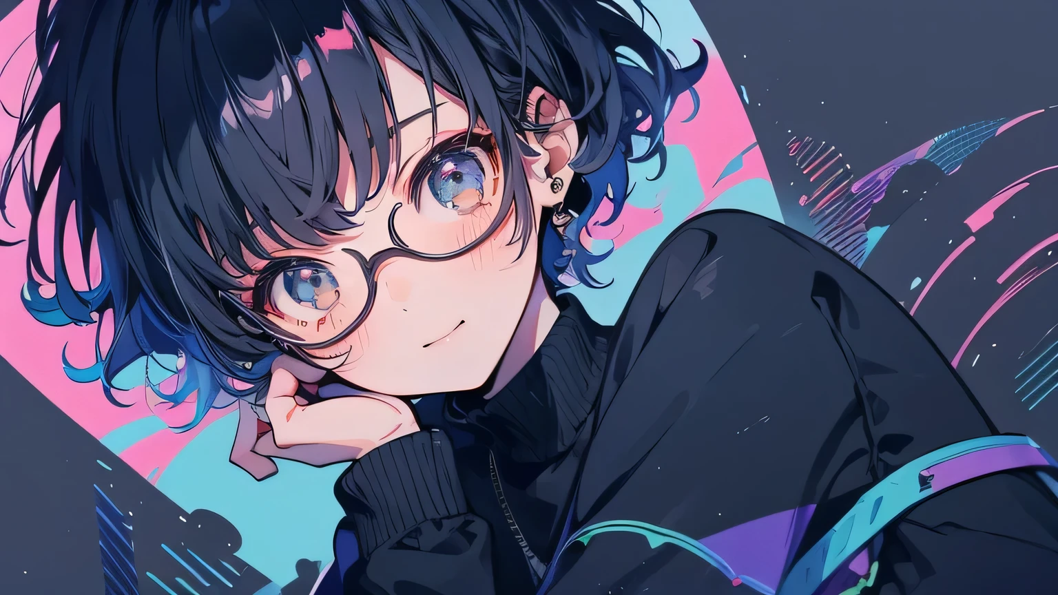 (( Best Quality )), ((masterpiece)), (  Details), wallpaper、very Details 、(((very Details な目と顔)))、masterpiece、Best Quality、  To Details、 Movement angle 、,Study　Vibrant colors sitting in a gaming chair、smile、whole body、 face the audience with glasses in their hands 。、 short hair、Blue Hair Color、 curly hair with elbows、40 years old、Delicate fingertips、  black turtleneck ,Glasses、Long sleeve, brightly colored , There is one person