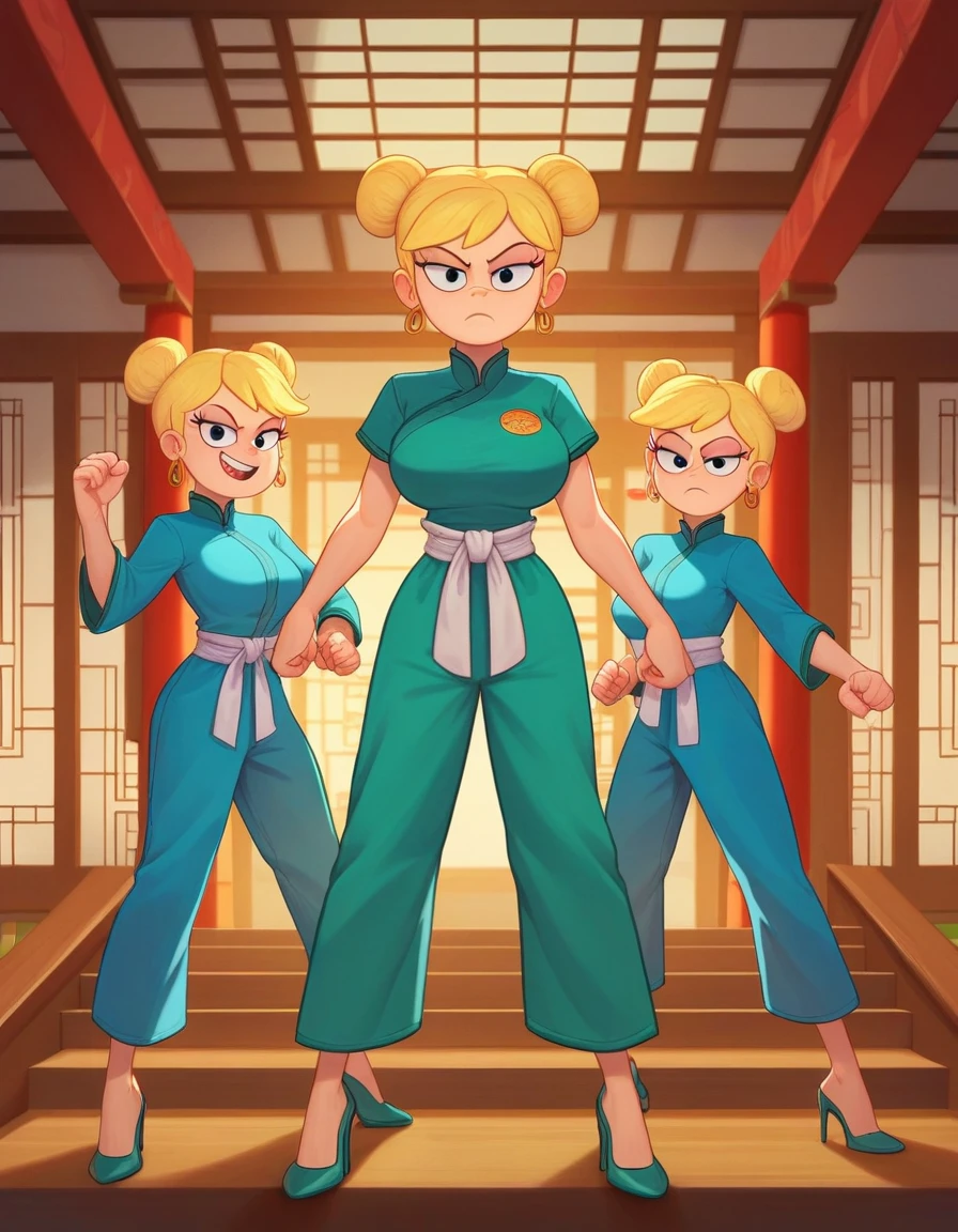 leni loud, 3girl, trio, 24yo girl, large breasts, green cheongsam,  inside of a chinese temple, dojo, looking at viewer, blonde hair, two hair buns , hands  score_9, score_8_up, score_7_up, high heels, teep fighting stance,martial arts, stairs behind her, guarding the stairs, a door behind the stair, chinese writings on the wall, long pants, triplets