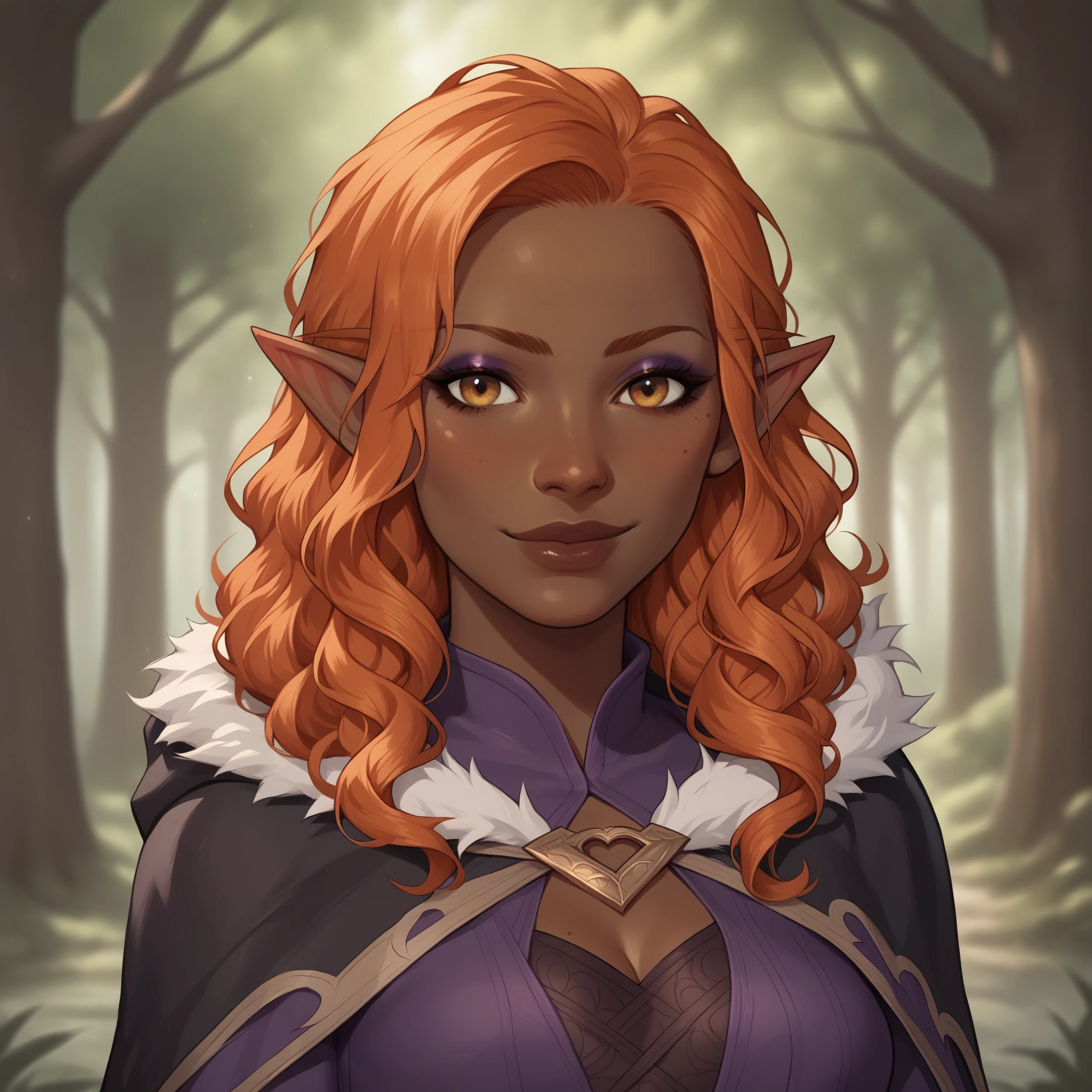 (((beautiful, high quality, detailed face))), score_9, score_8_up, score_7_up, BREAK, (dark skin, brown skin:1.4), curly hair, orange hair, small pointy ears, lanky, gangly, small medium cleavage, (black fur trimmed cape:1.2), wizard, black corset, purple shirt:1.2, purple tunic, belt, eyeliner, makeup, horny face, 1girl, female focus, solo, portrait, upper body, portrait, forest background, fantasy, blurred background, Expressiveh, detailxl