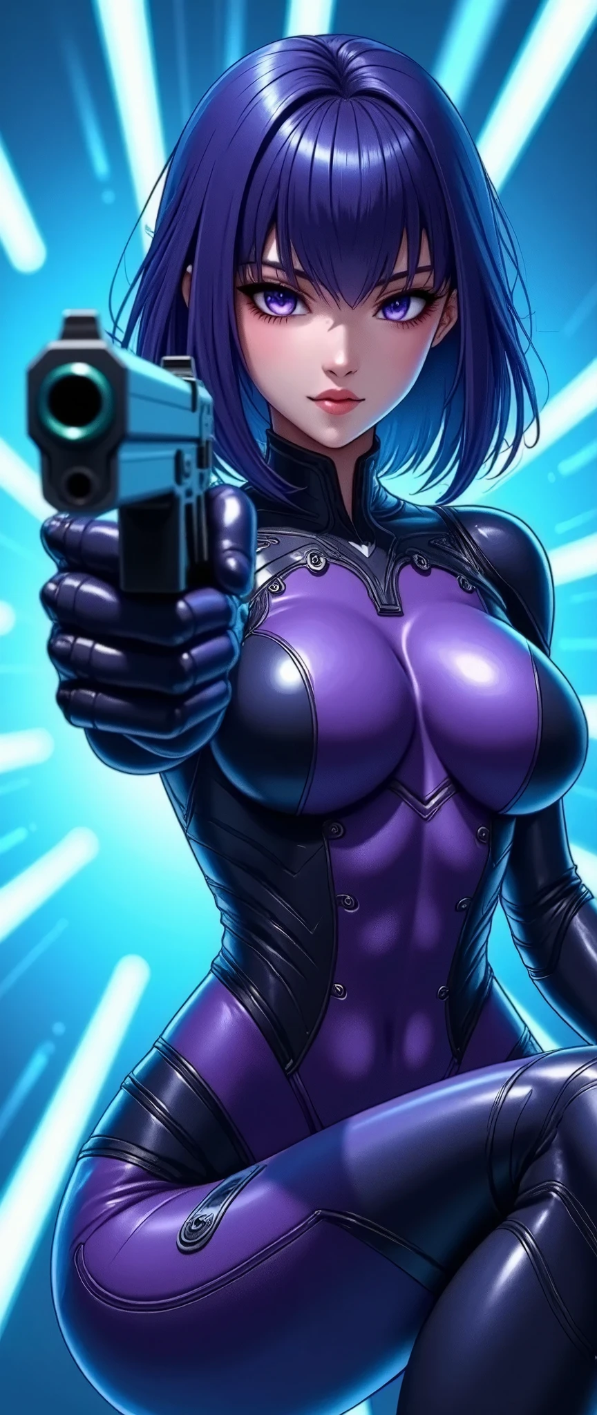 (masterpiece, best illustration,Super detailed),( android woman),(front:2.0),( cowboy shot:2.0),( beautiful face),( beautiful eyes),( looking over here:2.0),(Serious:2.0),(Hold the gun and aim at the camera:2.0),(Point the gun at the camera:2.0),(squat:2.0),(Raise your right knee:2.0),(The background is a tunnel drawn by stretching blue hologram lines in blue cyber space:2.0),( detailed hands:2.0),(Beautiful female hands:2.0)