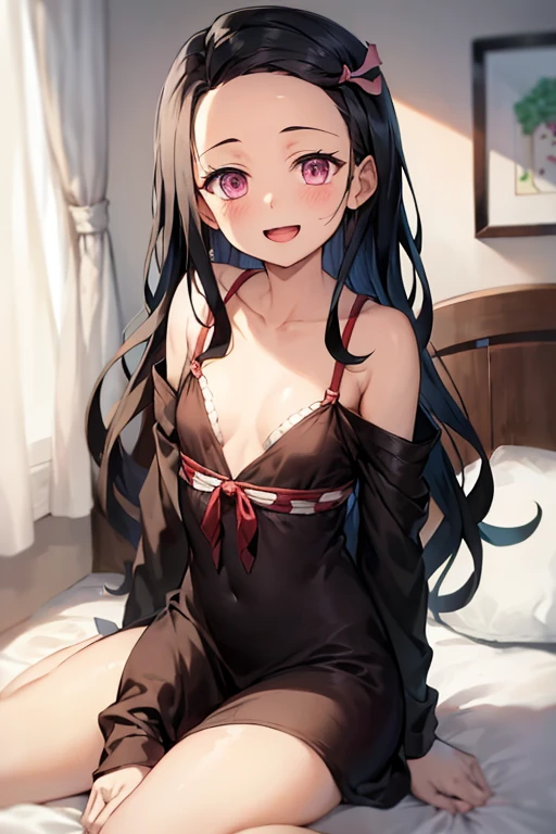 ((Best Quality)), ((masterpiece)), (be familiar with),  perfect face, indoor, bedroom,  watching viewers,
One woman, Kamado Nezuko,
 characters with open mouth ,  ecstatic expression, blush, smile,
Small breasts,  flat chest, Young girl, Lori,  kids,  girl,
Long Hair,  long hair,
Leg spread,