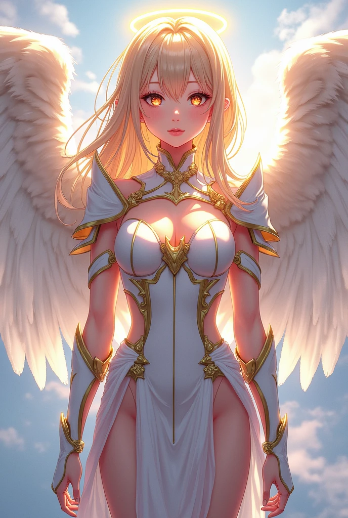 (a back view model shot taken from the rear: 1.5), female angel (Masterpiece, intense details: 1.3), paladin, holy warrior, short blond hair, determined face, full body, armed with sword, holy symbol, (wearing white armor: 1.3), (wings sprouting from the back: 1.3) spread large feathered wings, majestic wings, white angelic wings, moon light, moon, stars, clouds, cemetery background, anatomically correct (Masterpiece, intense details: 1.3), god rays, cinematic lighting, glowing light, photorealism, panoramic view, Wide-Angle, Ultra-Wide Angle, 16k, highres, best quality, high details, ultra detailed, masterpiece, best quality, (extremely detailed), arafed, dnd art, armored dress