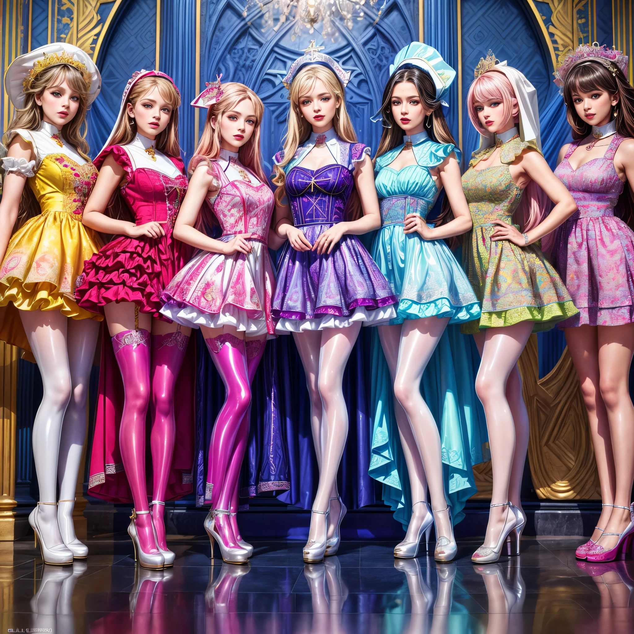 ((full body shot):1.5), a group of women,((Clergy style):1.3), (in elegant Classic ta Princess Dress),( high waisted short dress :1.3), ((Standing and posing on a steep cliff)), Bimbo, (Muticolored:1.4), (Wear dresses of different colors:1.2),Mary Jane shoes , ornate and luxurious patterns and accessories, fashionable attire,( patterned colored pantyhose:1.3),( Full of patterns:1.3), highly detailed full body shot, posed gracefully, stand in a row, Wear a Headwear, (mixed monochrome:1.1), (GLOSSY refection collection:1.3),loraavril , hyper realistic, 8k, dramatic lighting, cinematic, fashion editorial, vogue magazine cover, rich color palette, elegant, glamorous,`