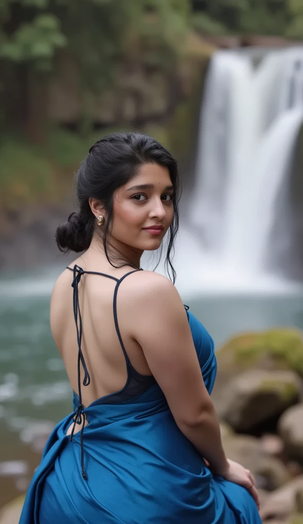 day scene, extreme close up photo of naked latina, hourglass figure, swooping breasts, showing deep cleavage, open arms, seducing near waterfalls, ponytail, necklace, blue satin silk half saree, look at viewer, (cinematic:1.3), intricate details, (ArtStation:1.2)