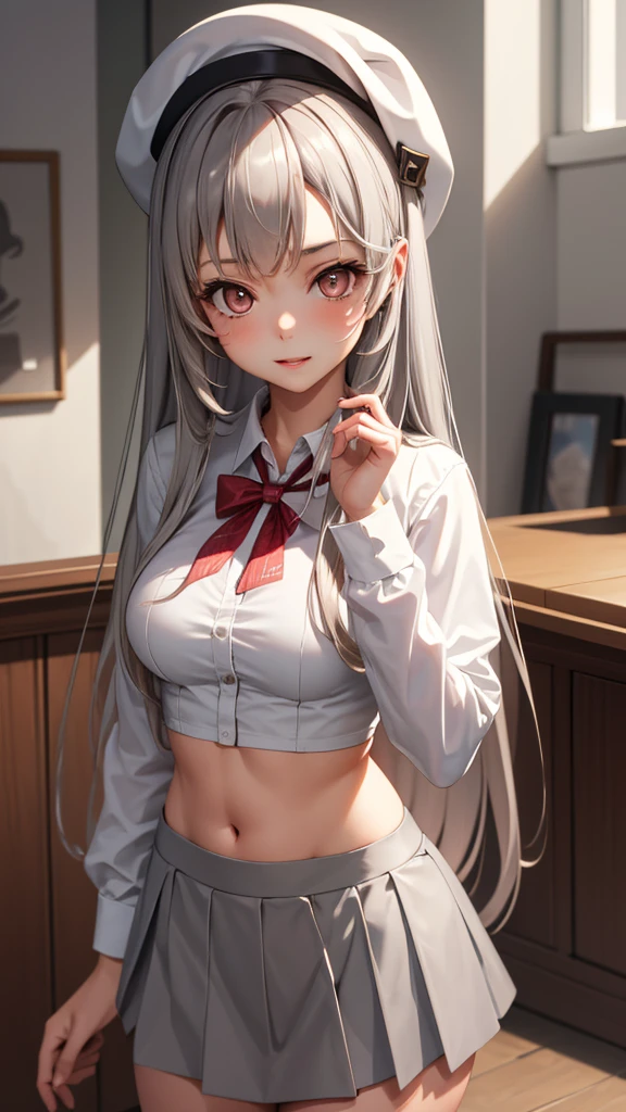 masterpiece,  high quality ,  best quality,  beautiful , HD, Perfect Light,  Detailed Facial,   detailed body  ,  1 girl at home,  alone, ( long gray hair ),  brown eyes,  Medium Boobs , (( white underwear)), ((Gray skirt)), (Gray Hat), In front of the cafe,