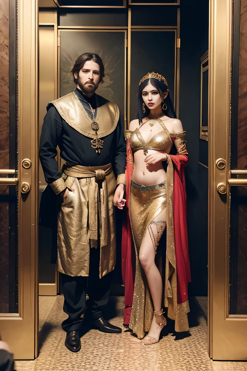 there are two people dressed in costumes standing next to each other, tom bagshaw and sabbas apterus, still from a music video, she is dressed as a belly dancer, group of people in an elevator, 7 0 s visuals, fantastic details full faces, still frame from a movie, medieval peasants, fashion week backstage, by Andrei Kolkoutine, boho, preraphaelite