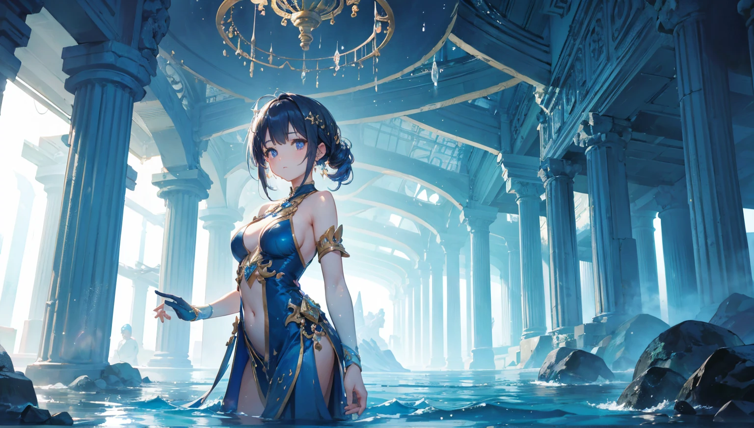 (skindentation:1.5), Realistic, Photorealistic, (masterpiece:1.5), concept art, intricate details, highly detailed, photorealistic, octane render, 8k, unreal engine, dynamic pose, best quality, highres, (realistic face:1.1), (hyperrealistic:1.1), (((medium shot, from behind:1.5))), perfect eyes, (shiny skin:1.2), (((hairstyle))), (((perfect hands))), (extremely detailed background), ((dynamic background)), ((luminous blue aura)), (light rays), ((1girl)), ((detailed eyes, high quality eyes, high quality face)), blue hair, radiating power, luminous blue, magic, ((dramatic)), epic, battlefield, depth of field, bokeh, 4k, gothic, water particles, large cleavage, long round legs, curvaceous, navel, chaotic city backgound, the serene water goddess commands attention, her diadem of iridescent pearls and aquamarine gemstones rests regally atop her head, an enchanting luminous pearl adorning her forehead, (((adorning an opalescent black bodice with seashell patterns, her flowing skirts mirror tranquil shades of blue with golden accents))), pearl bracelets encircle her wrists, and current-like arm cuffs grace her forearms, in a poised posture, (((she conjures a water spheres))), embodying her dominion, amidst the chaos of the city battlefield, (((battle stance))), (((wet body, water droplets on the skin))), extremely detailed Artgem, ig model, artgem, alena aenami and artgem, krenz cushart and artgem, artgem and atey ghailan