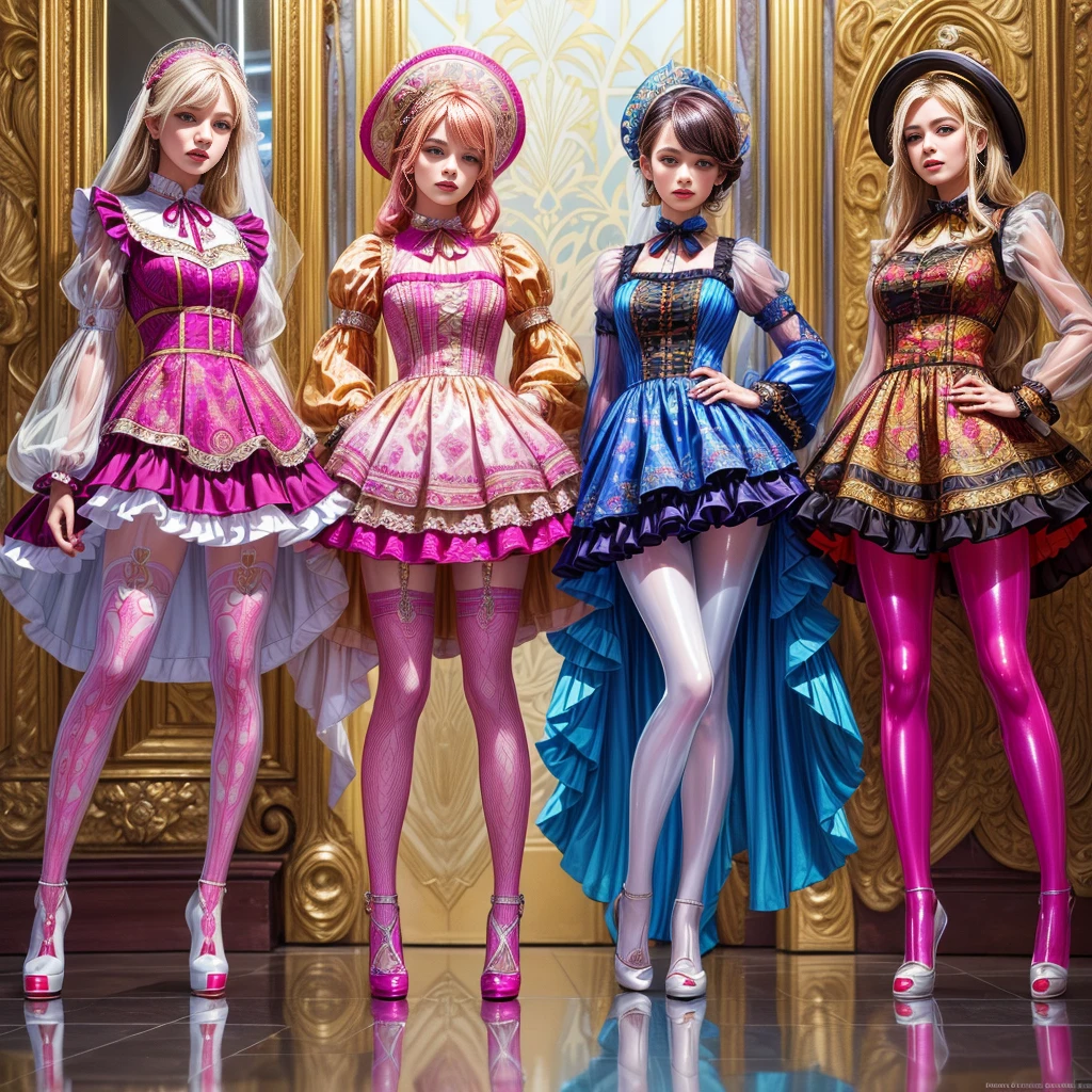 (full body shot:1.5), Movie poster composition, (on a snowy mountain), Miserable white skin, Ambilight, Nine-head body, Group photo, ((multicolored))，Three or more girls，Model figure, long-legged woman, A woman in a luxurious and elaborate lolita dress, wearing lolita mary jane shoes with ornate details, patterned tights, (Glossy Reflecting collection), (Glossy Reflecting collection), (Oily shiny)), (Metallic clothes), (Metallic dress), (Metallic tights):1.2)，, Postures vary, with reflective skin and reflective clothing, venusbody,Large movement amplitude,  ray tracing, reflection light, chiaroscuro, UHD, masterpiece, anatomically correct, textured skin, super detail, high quality, 4K, highres