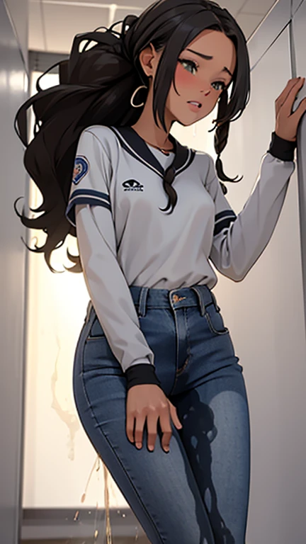 adult woman, very tall, Baseball player, in the locker room, she is too tall for the small locker room, she is too tall too stand up straight, her head touches the ceiling, bumped her head on the roof, White uniform, baseball cap, brown braids hair, curvy, thin waist, thigh gap, thick thighs, big butt, bubble butt, hands in the air, crotch visible, peeing self, wetting self, pee flowing into her pants, glistening pee stain on crotch, pee flowing from her crotch down her legs