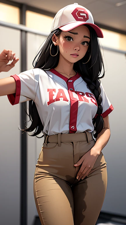 adult woman, very tall, Baseball player, in the locker room, she is too tall for the small locker room, she is too tall too stand up straight, her head touches the ceiling, bumped her head on the roof, White uniform, baseball cap, brown braids hair, curvy, thin waist, thigh gap, thick thighs, big butt, bubble butt, hands in the air, crotch visible, peeing self, wetting self, pee flowing into her pants, glistening pee stain on crotch, pee flowing from her crotch down her legs