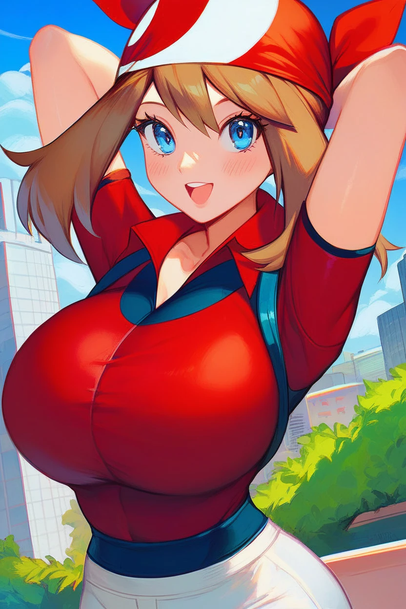 score_9, score_8_up, score_8, 1girl (curvy), cute, eyelashes,       zzMay, huge breasts, looking at viewer, blush, open mouth, bangs, shirt, short sleeves, city, sky, day, collared shirt, cloud, smile, arms up, tree, eyelashes, red shirt, arms behind head, bandana, bush, official style, red bandana,  embedding:zPDXL, huge boobs, busty, curvy, thicc thighs, busty cleavage massive boobs busting out of top