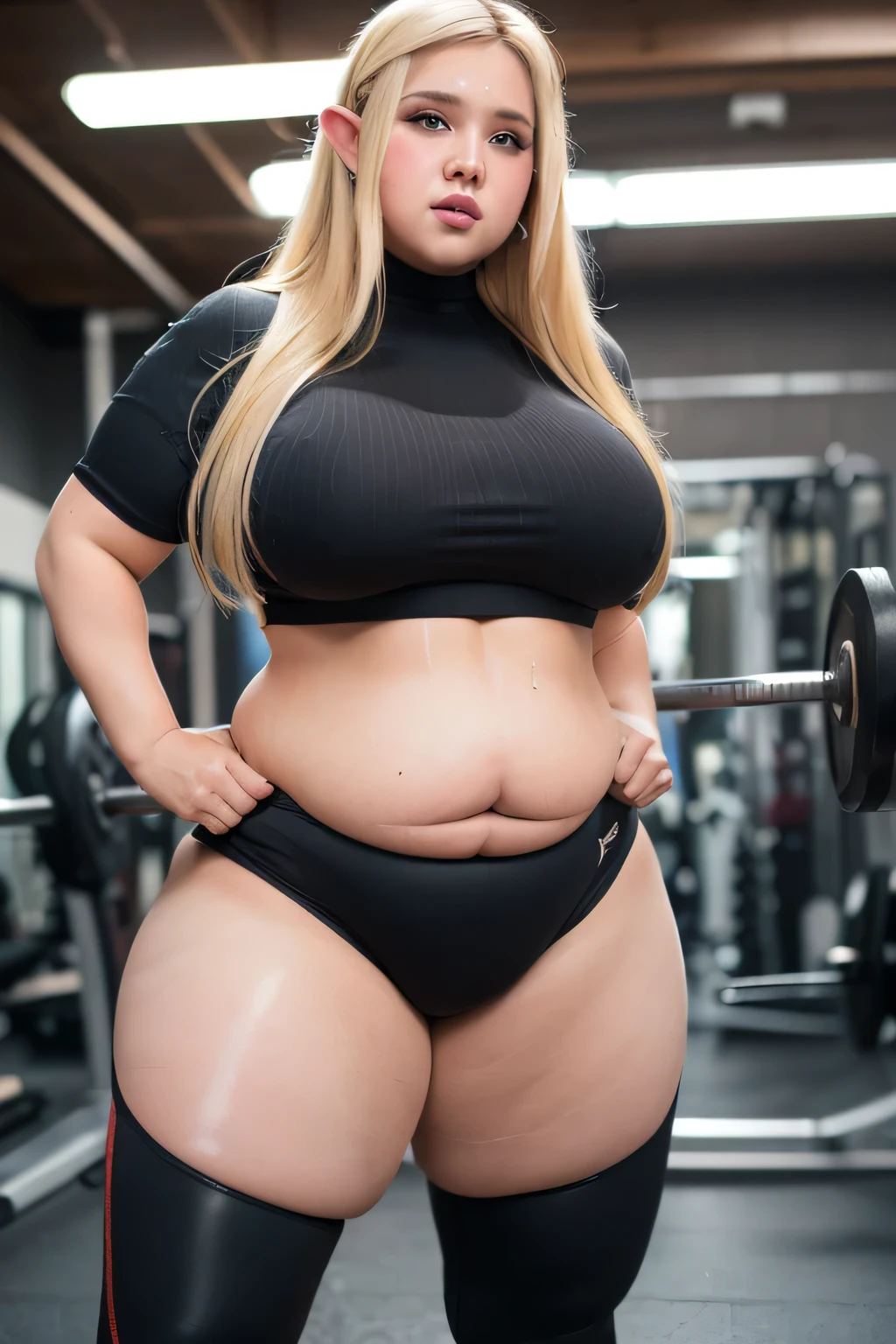 (Full body view: 1.4), (full of the body: 1.4), RAW UHD portrait photo of a 24-year-old blonde (brown-eyed woman) in gym , large breasts,,  at night, (shorts), (slim top), details (textures! , hair! , glitter, color!! , disadvantages: 1.1), glossy eyes with high detail (looking at the camera), SLR lighting, SLR camera, ultra-quality, sharpness, depth of field, film grain (center), Fujifilm XT3, crystal clear, frame center, beautiful face, sharp focus, , , bokeh (dimly lit), night, (night sky), detailed skin pores, oily skin, sunburn, complex eye details, full body, Light blonde hair, Blunt bangs, large breasts in gym, sexy, curvy body, plump body, huge big ass, thick body, curvy body type, voluptuous body type, busty body type, thick body type, big chest, big
