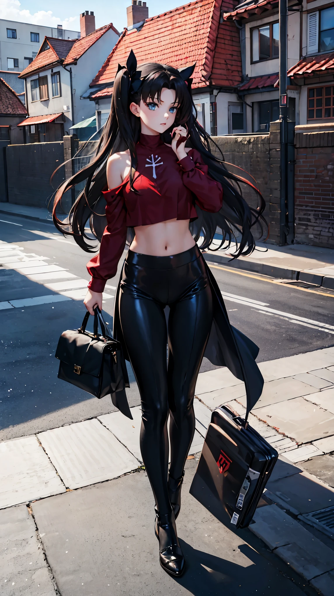 rin tohsaka,  she is standing looking at the viewer Playing with a lock of your hair,  her face turned red very lively ,  full body ,  artwork,  high quality photo,  super resolution,  high definition, 4K, Full HD,  well defined image detailed in the smallest details ,  she is on the roof of the school ,  she is wearing a red blouse that shows her belly ,  and her shoulders with long black sleeves ,  her breasts are exposed in a small neckline ,  She is wearing just a pair of sexy pants ,  short black panties that make her even sexier ., And long black socks ,  she is on the school terrace 