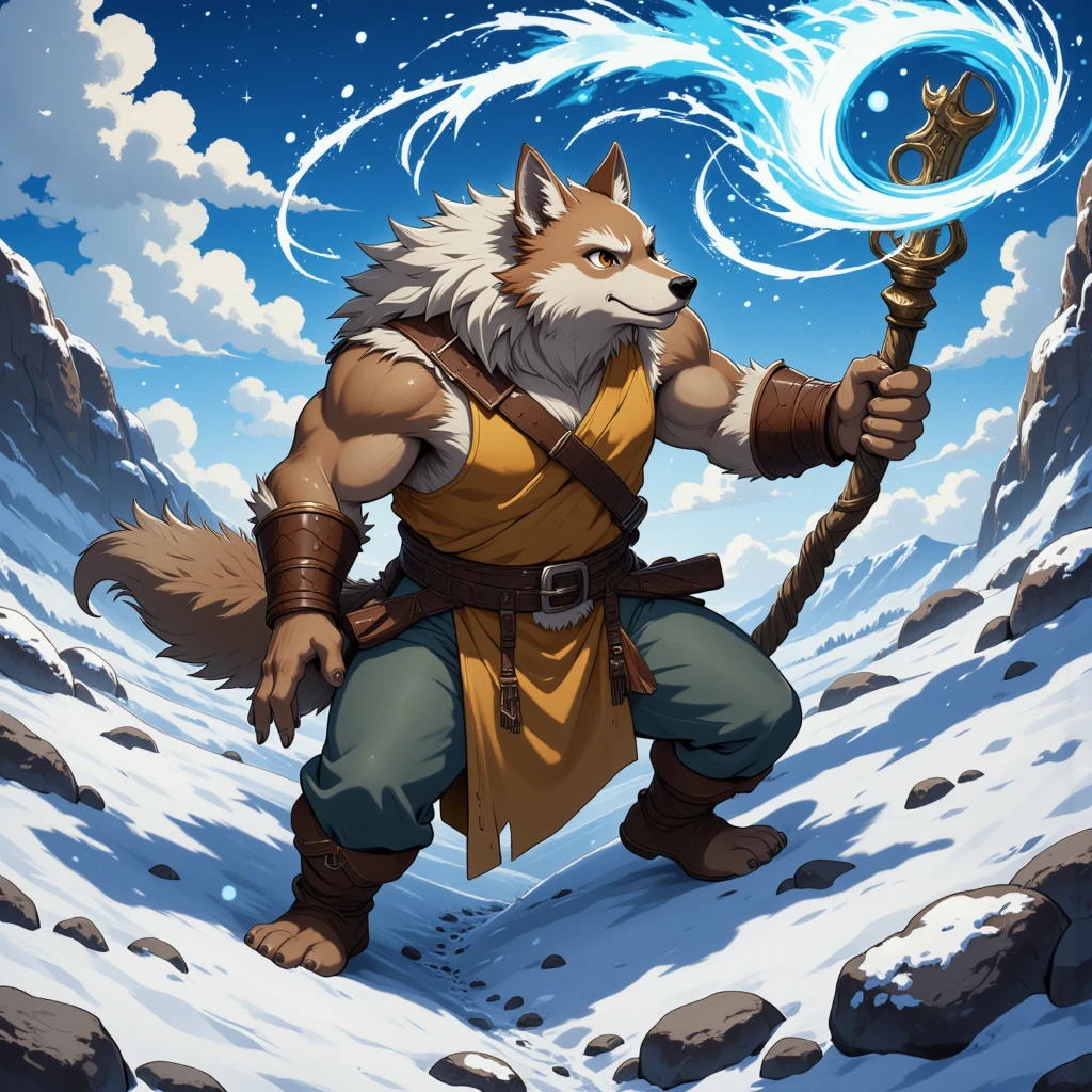 character focus, full body, looking away, various angle, european fantasy, wizard, a muscular middle-aged wolf man, heroic costume clothes, robe, shirt, pants, boots, magical starry stick casting tornado magic, cutting wind effect, dynamic pose, BREAK complete anatomy, perfect proportions, beautiful thigh gap, fluffy body, intricate fur details, beautiful fur texture, BREAK a detailed wolf 1tail, detailed boots, detailed foot, detailed hands, 5fingers, 5fingers nails, BREAK aesthetic anime face, insanity detailed face, male face, big face, square jawline, aesthetic anime eyes, detailed brown eyes, detailed brown cornea, detailed dark brown irises, detailed pupils, male eyes, big eyes, male eyebrows, innocent look, beautiful beard, BREAK full body in Michelangelo Buonarroti style, digital illustration anime, housamo style, detailed painting landscape, snow mountain, path, outdoor, full color, HDR, BREAK masterpiece, official art, best quality, very aesthetic, absurdres, super fine illustration, great quality, BREAK noise reduction, very highres, large filesize, high quality, 32K, 8k wallpaper, dynamic lighting, BREAK insanity detailed, ultra detailed, intricate details, extremely detailed, detailed texture, an extremely delicate and beautiful, BREAK osukemo, e621 illustration, kemohomo, anthropomorphic, furry, cartoon, harmonious body, pastoral face, virtuous eyes, epic atmosphere