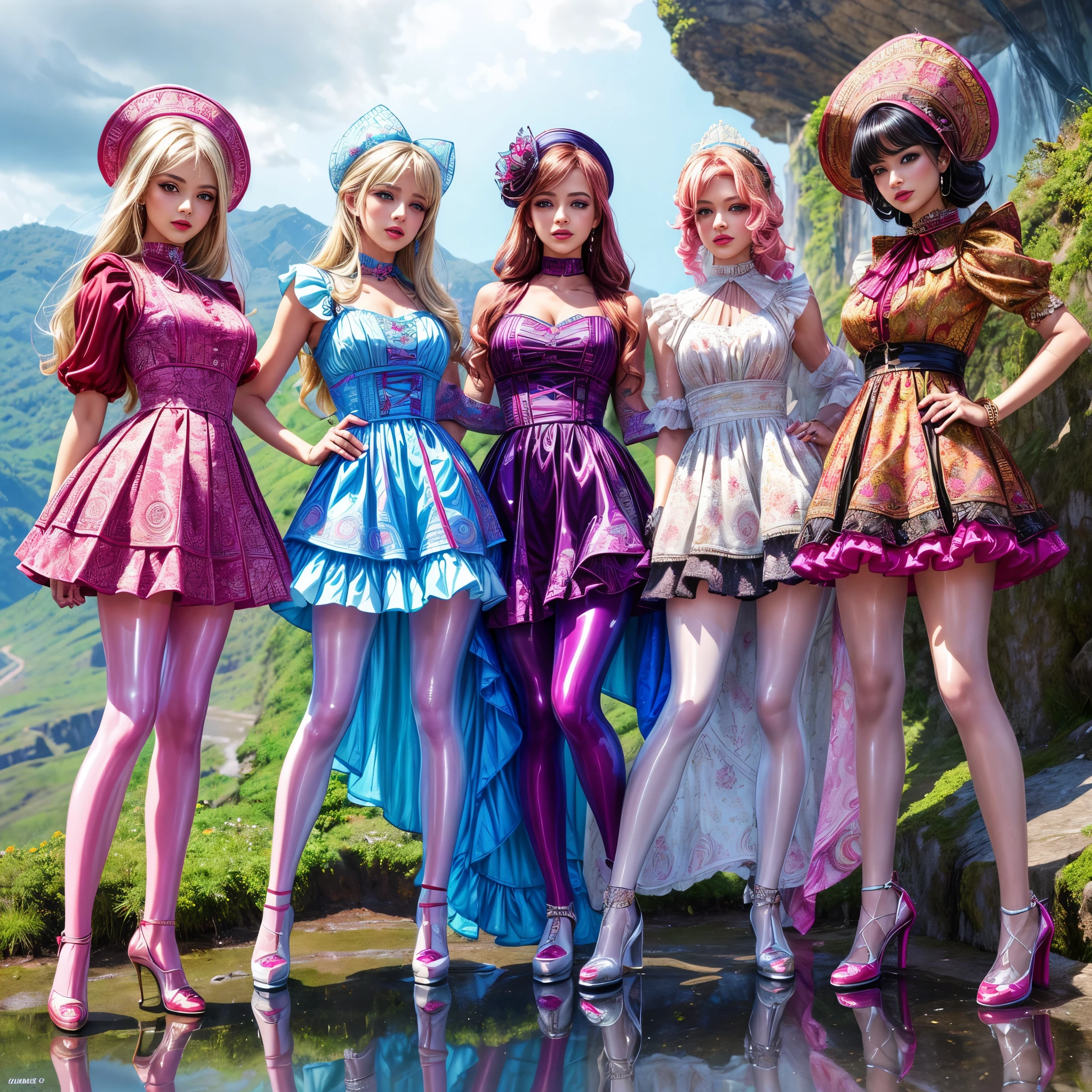 (full body shot:1.5), Movie poster composition, (on a snowy mountain), Miserable white skin, Ambilight, Nine-head body, Group photo, ((multicolored)),Three or more girls,Model figure, long-legged woman, A woman in a luxurious and elaborate lolita dress, wearing lolita mary jane shoes with ornate details, patterned tights, (Glossy Reflecting collection), (Glossy Reflecting collection), (Oily shiny)), (Metallic clothes), (Metallic dress), (Metallic tights):1.2),, Postures vary, with reflective skin and reflective clothing, venusbody,Large movement amplitude, ray tracing, reflection light, chiaroscuro, UHD, masterpiece, anatomically correct, textured skin, super detail, high quality, 4K, highres