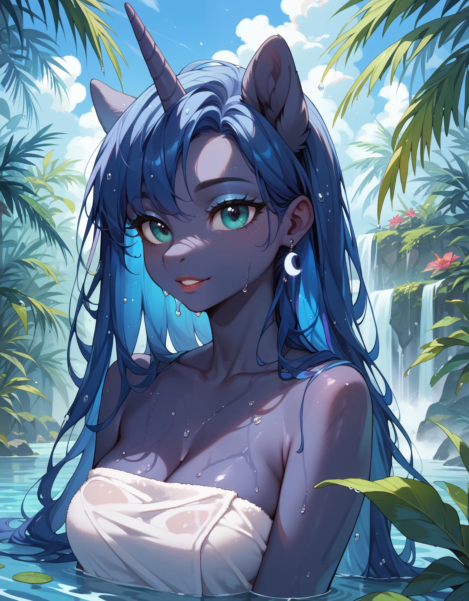 (score_9, score_8_up, score_7_up:2), rating_safe, (anthro pony princess luna, wet mane, water flowing over face, droplets on skin:1.2), portrait, blue skin, blue mane, medium breasts, hot, tropical, pond in summer rain, faint smile, naked towel, zPDXL2, fixl-art