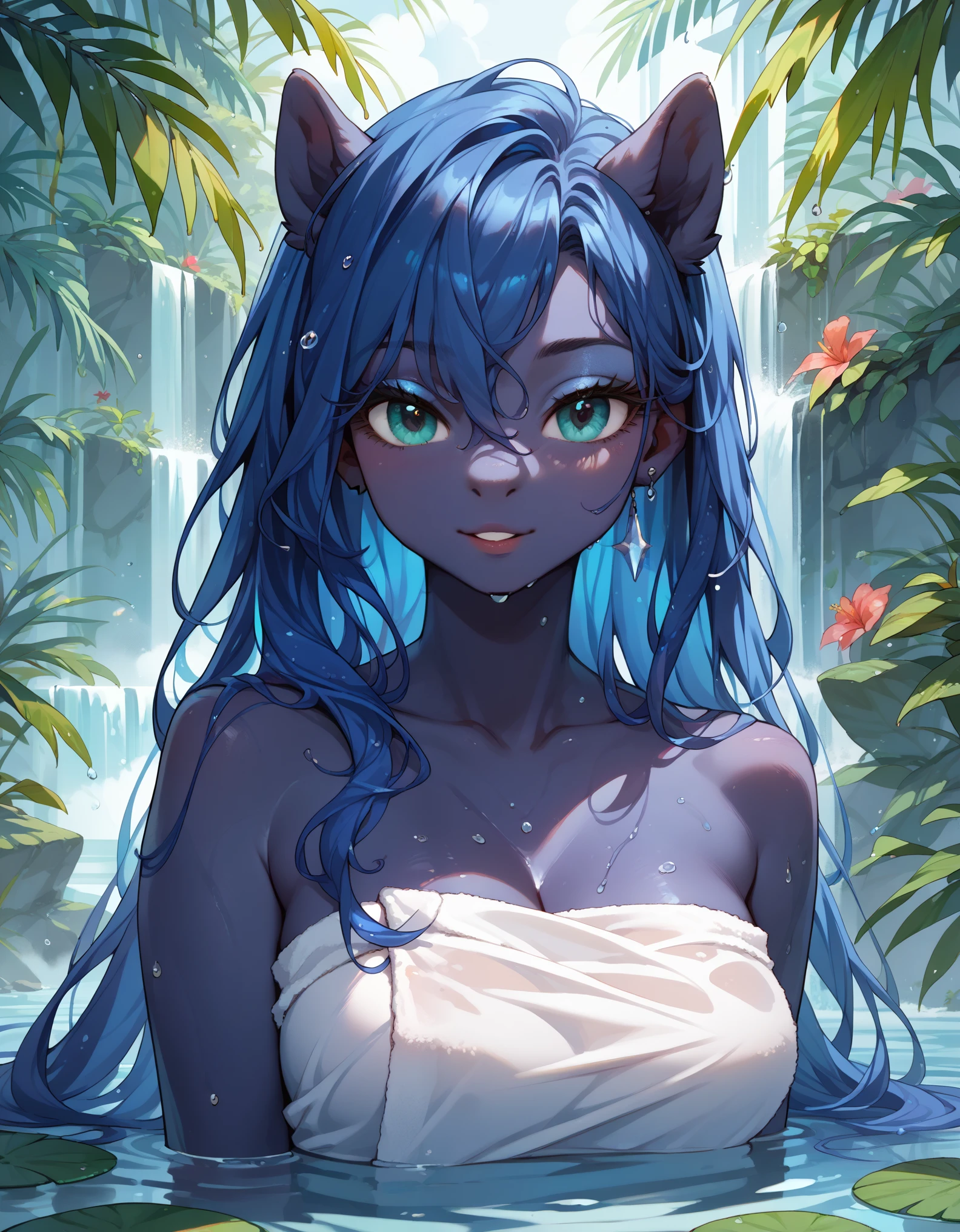 (score_9, score_8_up, score_7_up:2), rating_safe, (anthro pony princess luna, wet mane, water flowing over face, droplets on skin:1.2), portrait, blue skin, blue mane, medium breasts, hot, tropical, pond in summer rain, faint smile, naked towel, zPDXL2, fixl-art