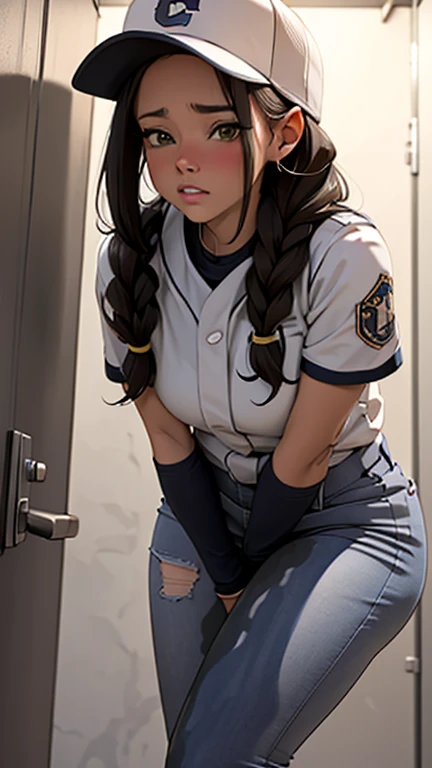 adult woman, very tall, Baseball player, in the locker room, she is too tall for the small locker room, she is too tall too stand up straight, her head touches the ceiling, bumped her head on the roof, taller than the door, hunched over, White uniform, baseball cap, brown braids hair, curvy, thin waist, thigh gap, thick thighs, big butt, bubble butt, hands in the air, crotch visible, peeing self, wetting self, pee flowing into her pants, glistening pee stain on crotch, pee flowing from her crotch down her legs