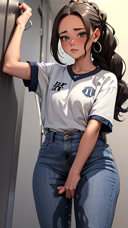 adult woman, very tall, Baseball player, in the locker room, she is too tall for the small locker room, she is too tall too stand up straight, her head touches the ceiling, bumped her head on the roof, taller than the door, hunched over, White uniform, baseball cap, brown braids hair, curvy, thin waist, thigh gap, thick thighs, big butt, bubble butt, hands in the air, crotch visible, peeing self, wetting self, pee flowing into her pants, glistening pee stain on crotch, pee flowing from her crotch down her legs