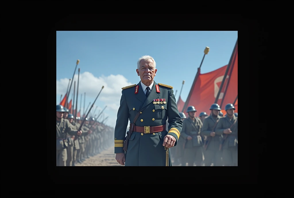 Colonel Sanders as a dictator. Red and White KFC flags in the background and all around. Dystopian image, soldiers standing at attention listening, war planes flying overhead