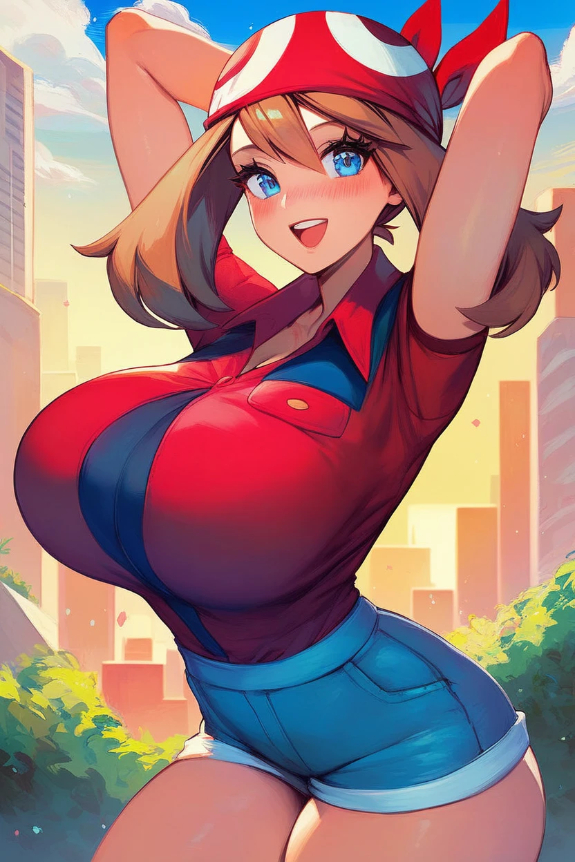 score_9, score_8_up, score_8, 1girl (curvy), cute, eyelashes,       zzMay, huge breasts, looking at viewer, blush, open mouth, bangs, shirt, short sleeves, city, sky, day, collared shirt, cloud, smile, arms up, tree, eyelashes, red shirt, arms behind head, bandana, bush, official style, red bandana,  embedding:zPDXL, huge , busty, curvy, thicc thighs, busty cleavage massive  busting out of top