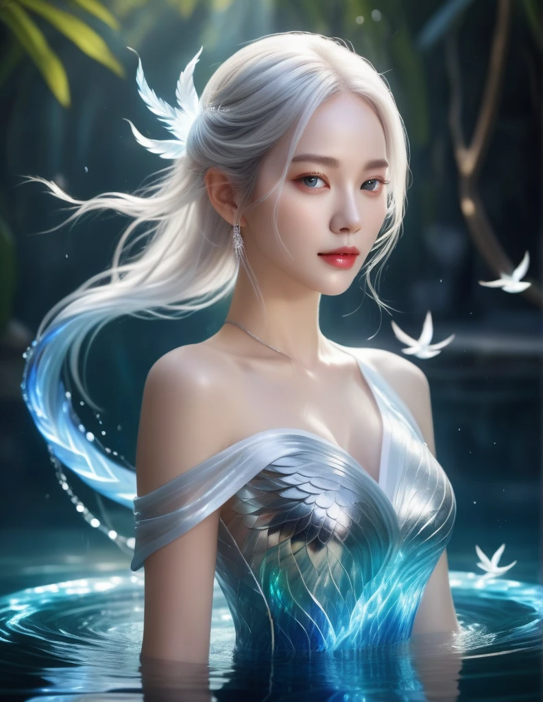 ( Masterpieces ,  measurements, best quality,  official art,  Beauty and Splendor:1.2), Pretty Chinese , Silver hair, Phoenix, a beautiful white girl with water magic all around her,  Realistic illustration ,  glow , 