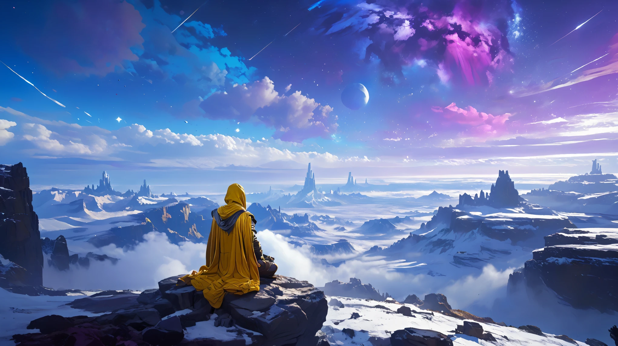 arcan3styl3v1, masterpiece, highcontrast, A jedi master with a ((yellow (old  ragged, cloak, hood, cape)) sitting on rock meditating, top of the mountain, clouds, top view,  star wars landscape.  yellow cloth under the cape blue and purple, night time, space, stars, various moons, and planets, purple aurora boreal in the sky, no face, view his back from the sides, panoramic