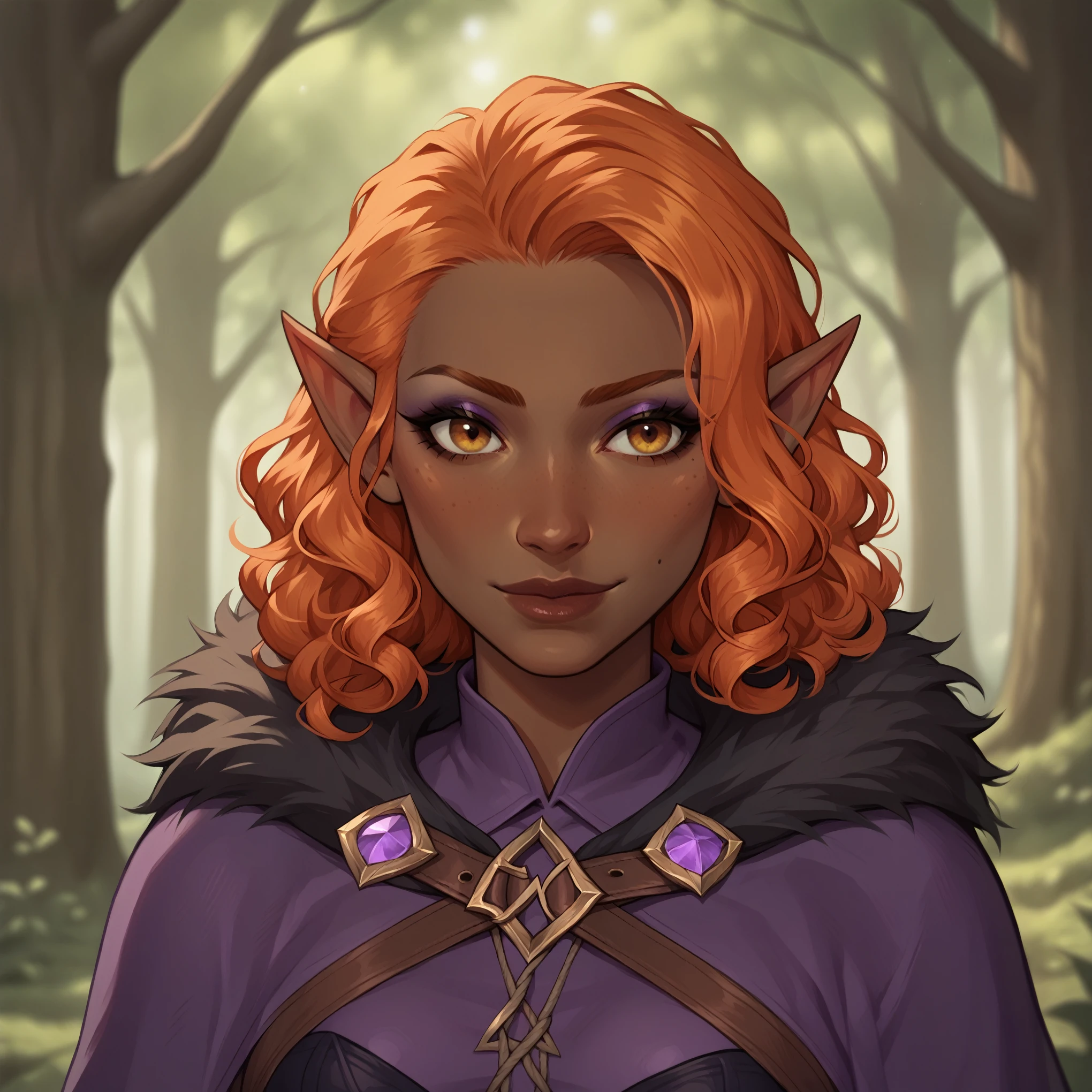 (((beautiful, high quality, detailed face))), score_9, score_8_up, score_7_up, BREAK, (dark skin, brown skin:1.4), curly hair, orange hair, small pointy ears, lanky, gangly, small medium cleavage, (black fur trimmed cape:1.2), wizard, black corset, purple shirt:1.2, purple tunic, belt, eyeliner, makeup, horny face, 1girl, female focus, solo, portrait, upper body, portrait, forest background, fantasy, blurred background, Expressiveh, detailxl