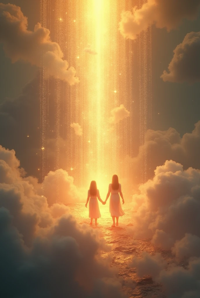 Create an ethereal and heartwarming scene that illustrates the concept of "loving someone without ever meeting them" as described in the quote. The image should depict two luminous, semi-transparent figures or silhouettes of people, representing souls, standing apart in a vast, dreamy landscape with a soft, glowing light. They should be connected by a bright, glowing thread or light beam that symbolizes the attraction between their souls. The background should be abstract, with soft, swirling colors (such as pastels) that give a sense of warmth, connection, and spiritual harmony. The environment should be tranquil, with subtle, flowing elements like mist or light clouds, emphasizing the surreal and emotional nature of the connection.