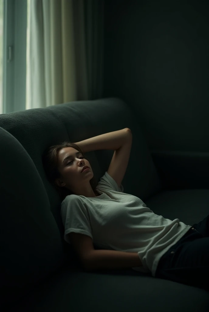 A frustrated teenager watching television while thinking about life in a living room, sitting in a couch