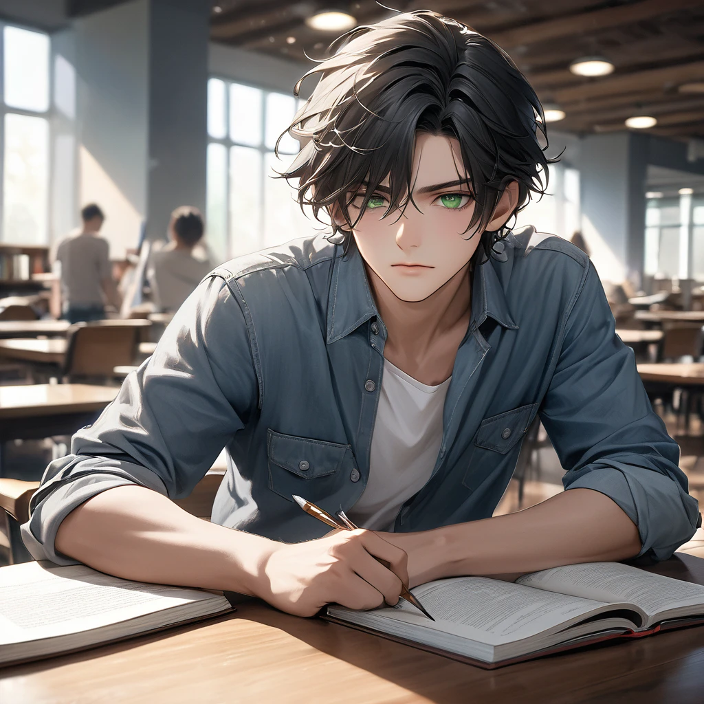 A close-up, full-body shot of the 19-year-old young man sitting alone at a table in the campus library. He's dressed casually but neatly - dark jeans paired with a light blue button-down shirt left untucked over it. His once messy black hair is now styled into an effortlessly tousled look that suits him well, framing those striking green eyes focused intently on the textbook open before him, ((perfect eyes)). ((gruffly)), high contrast, hyper-realistic, photorealistic, 8k, best quality, masterpiece, Anatomically Correct, Super Detailed, High Resolution, dreamy effect, smokey, paint brush art style 