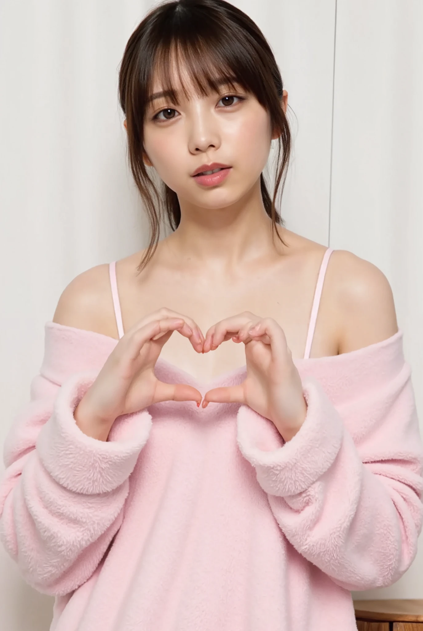 Only one woman with a cute smile wears cute, fluffy off-shoulder pajamas, makes a big heart shape with both hands, and poses them in front of her chest, View above collarbone、The background is a monotone 

