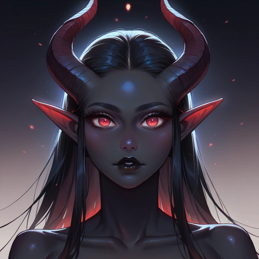 score_9, score_8_up, score_7_up, A beautifully detailed woman, succubus female, long black hair, elf ears, large eyes, red iris, long eyelashes, detailed facial features, black lipstick, (((Black skin))), demon horns, (((Dark backgrounds)))
