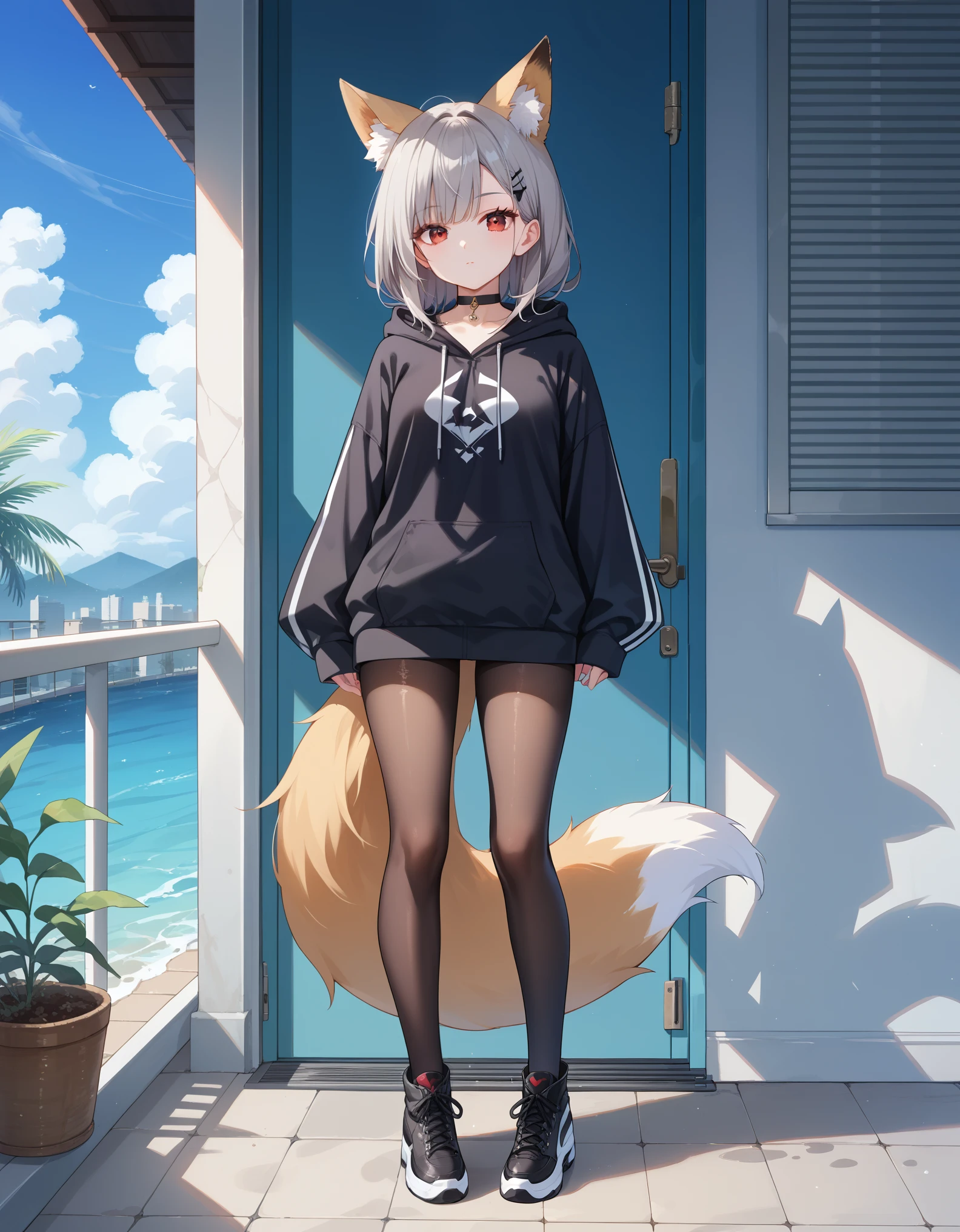 1girl, :o, animal_ears, black_choker, black_pantyhose, choker, expressionless, extra_ears, fox_ears, fox_girl, fox_tail, full_body, grey_footwear, grey_hair, grey_hoodie, hood, hood_down, hoodie, long_sleeves, looking_at_viewer, pantyhose, red_eyes, sleeves_past_wrists, standing, tail,