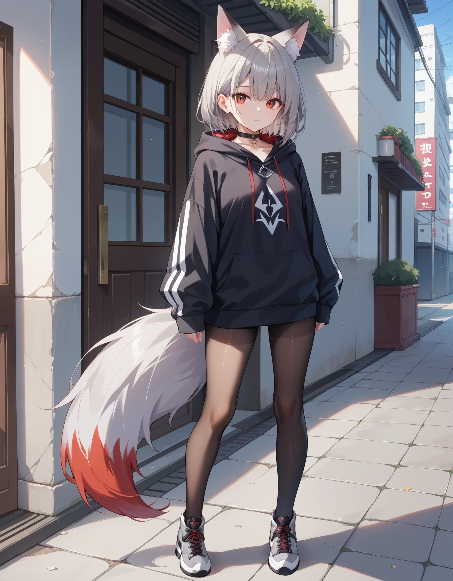 1girl, :o, animal_ears, black_choker, black_pantyhose, choker, expressionless, extra_ears, fox_ears, fox_girl, fox_tail, full_body, grey_footwear, grey_hair, grey_hoodie, hood, hood_down, hoodie, long_sleeves, looking_at_viewer, pantyhose, red_eyes, sleeves_past_wrists, standing, tail,