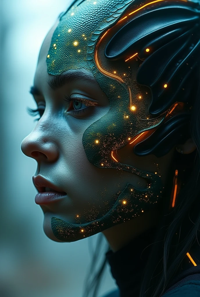 double exposure photorealiistic images merged of an AI face girl(matrix face shape)and mimicks face girl(chameleon shape)seamless mix images with highly detailed, dramatic light exposure, intricate